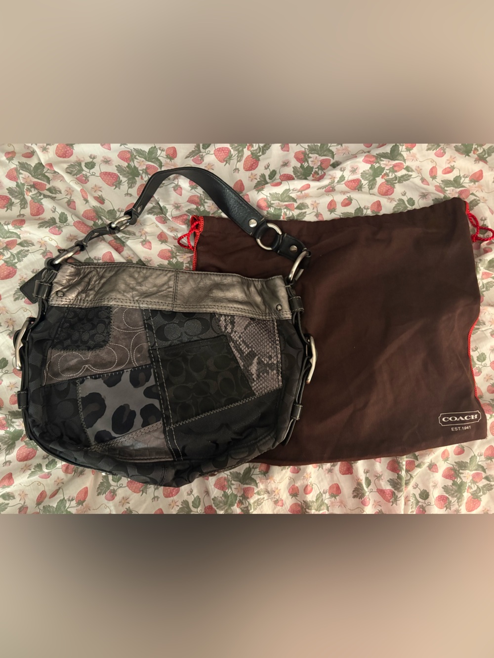 Coach Patchwork Shoulder Y2K Bag in Black and Gray with dust bag